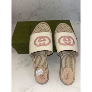 Gucci Espadrille Slides in Cream with Pink Logo